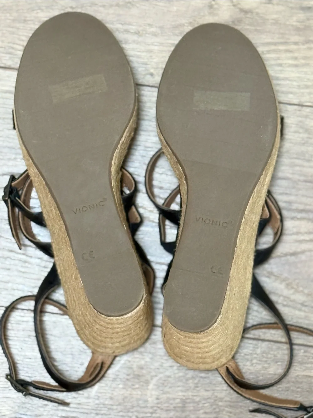 Vionic Sabina Size 10 Black Leather Espadrille Wedge Sandals Strappy Comfort New